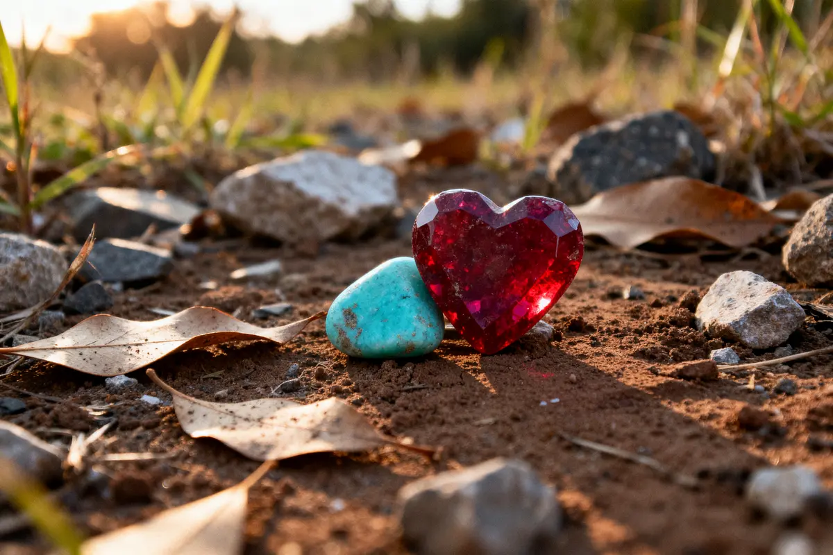 Pierre de l'amour rouge et turquoise posée sur sol naturel entouré de feuilles mortes