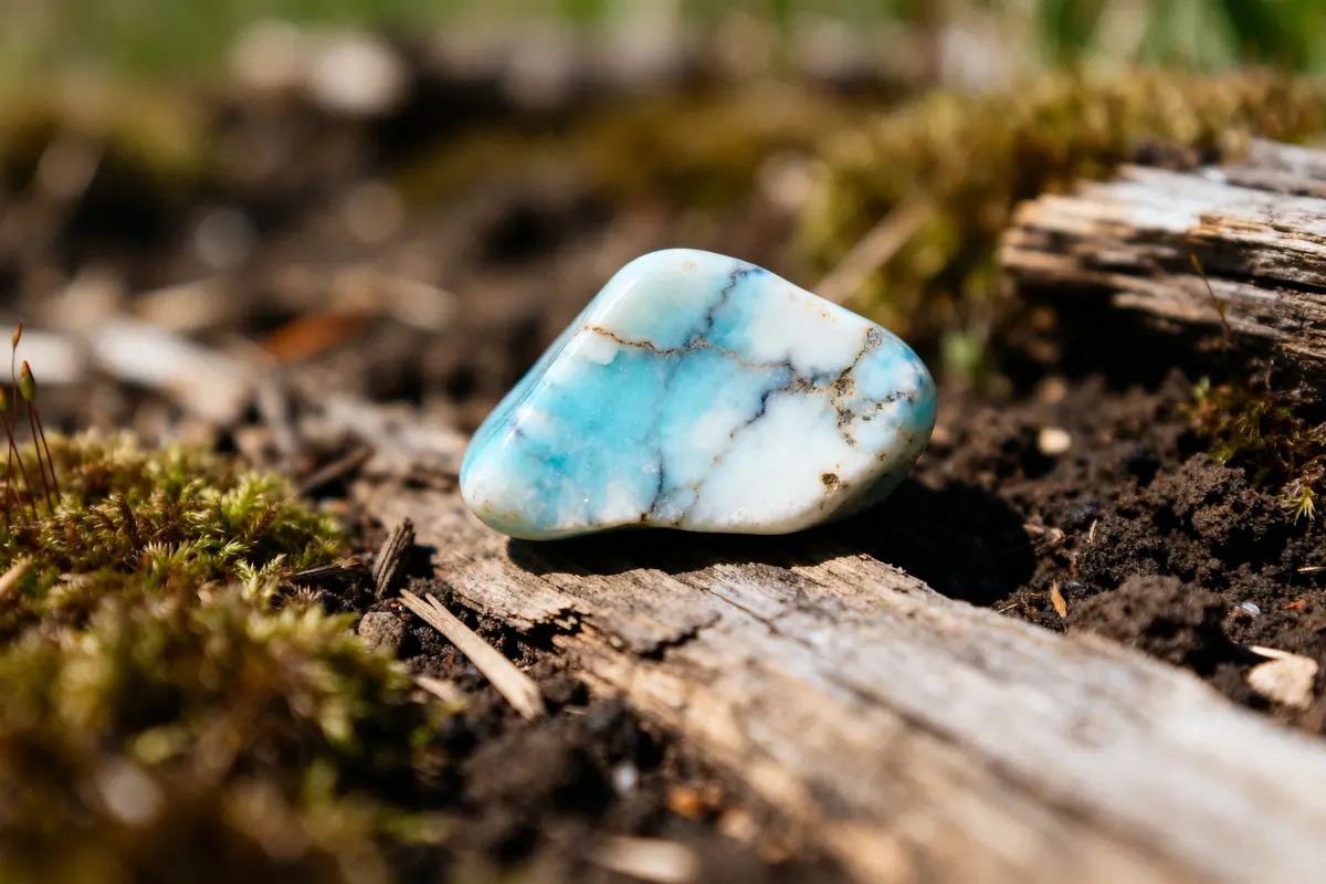 Pierre larimar bleue et blanche posée sur un bois naturel entouré de mousse