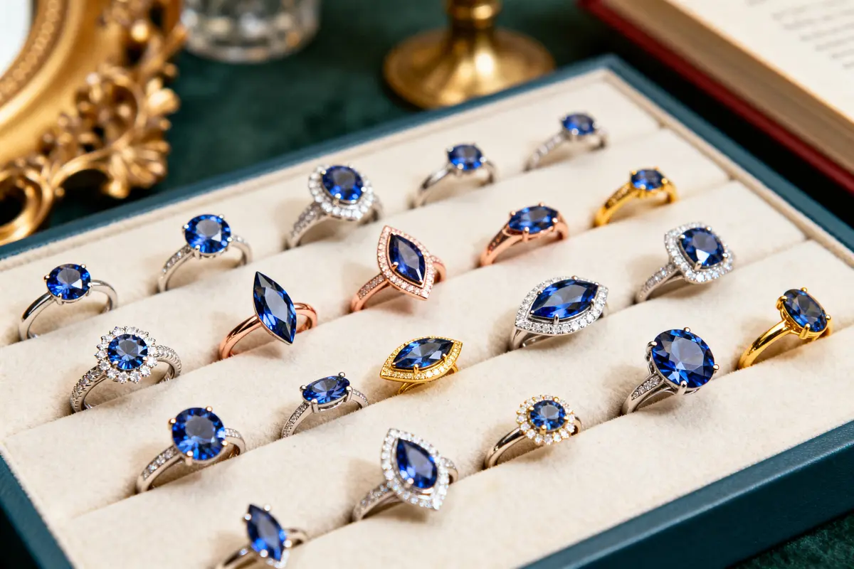 Collection élégante de bagues ornées de saphir bleu rangées dans un écrin de luxe