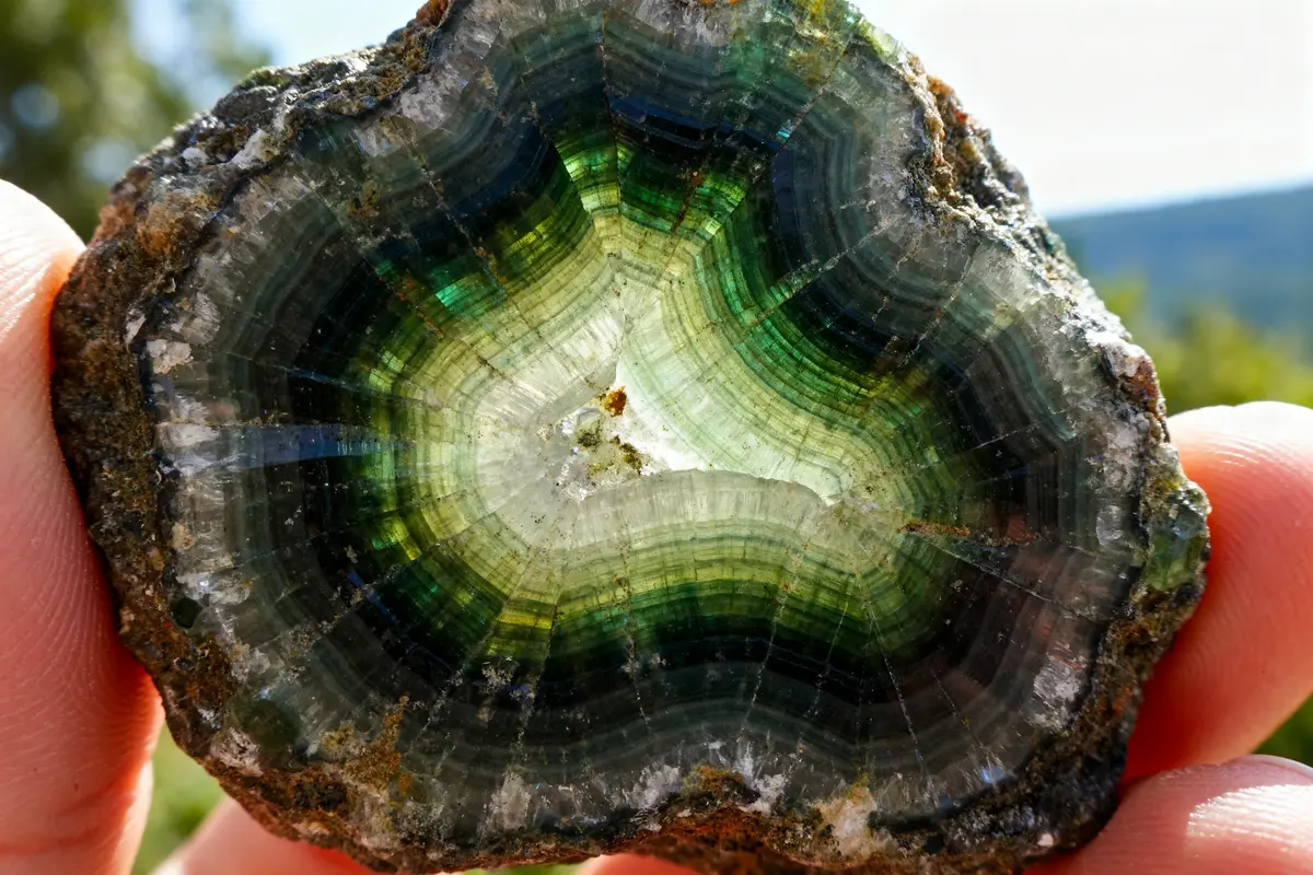 Section de cristal de tourmaline aux nuances de vert et noir, tenue en main