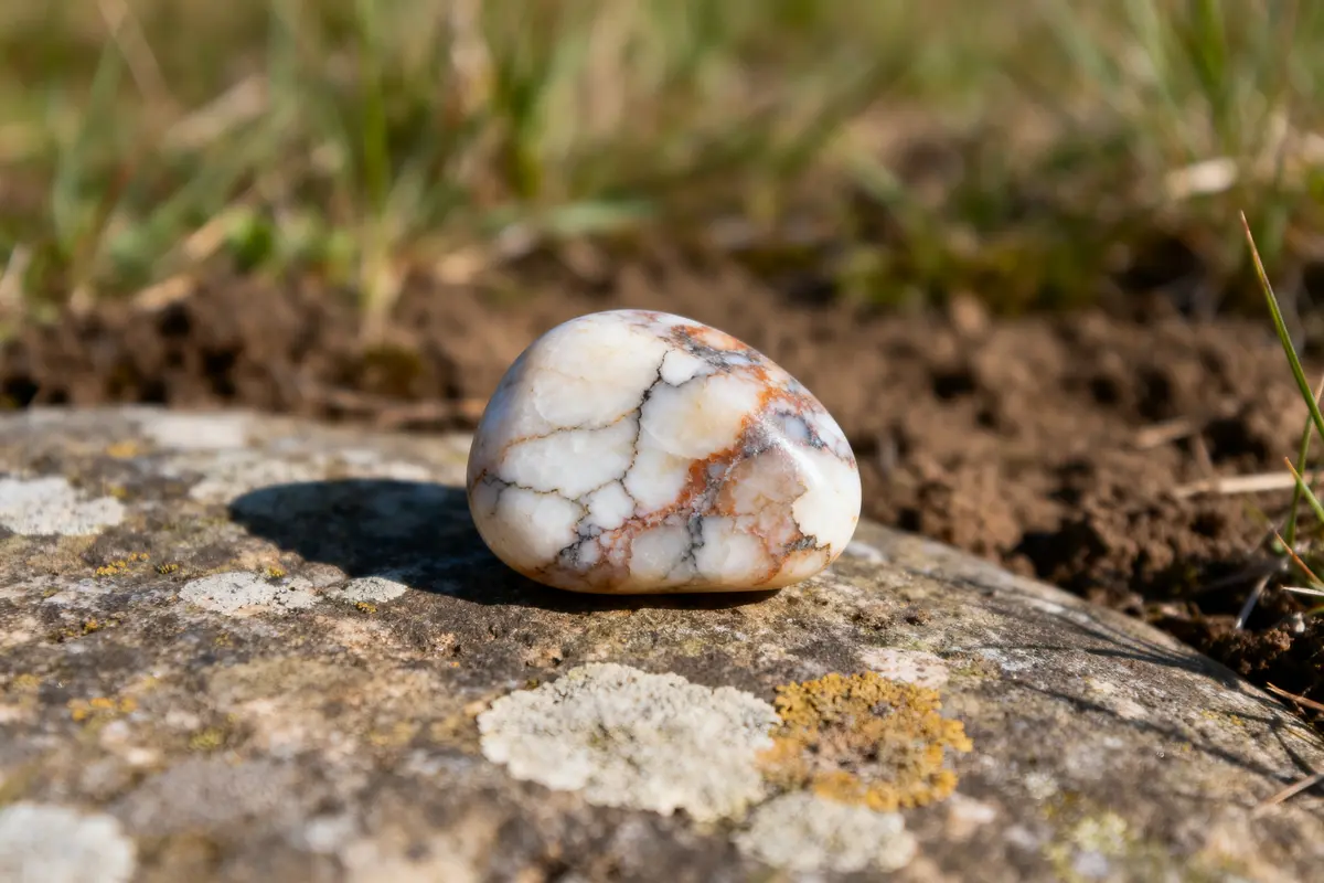Pierre de howlite posée sur une roche, connue pour ses nombreuses vertus apaisantes